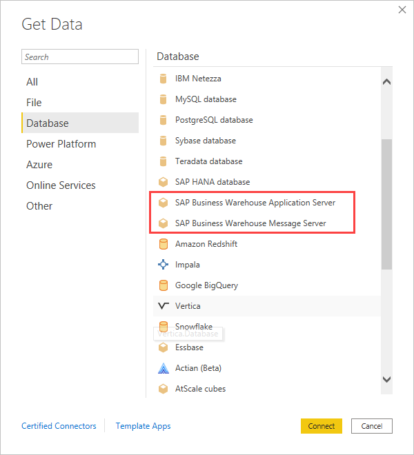 Screenshot that shows the Get Data options for SAP.