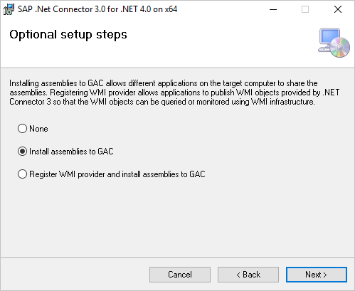 Screenshot of the SAP optional setup steps with Install assemblies to GAC selected.