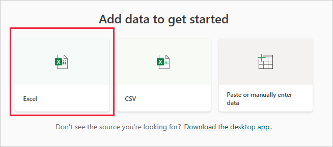 Screenshot shows Add data to get started where you can choose Excel files.