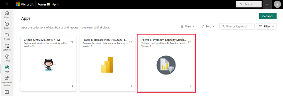 Screenshot of the Power BI apps page, the Power BI Premium Capacity Metrics app is highlighted.