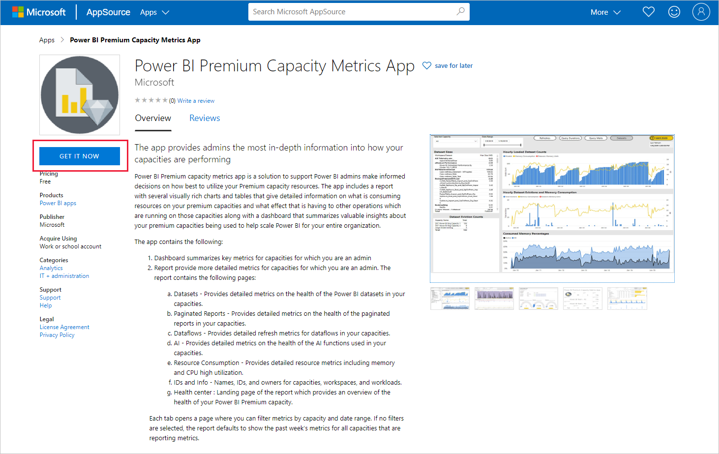 Screenshot of the Power BI Premium Capacity Metrics App get it now page.
