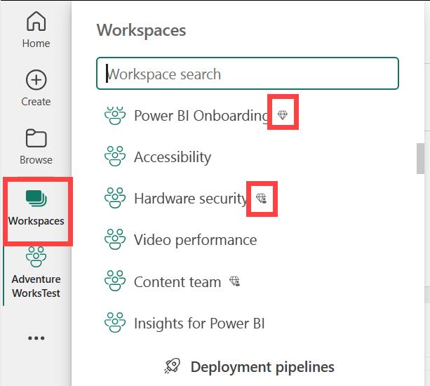 Screenshot of workspaces and some have diamond icons.