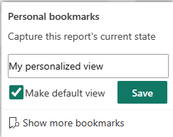 Screenshot of the Personal bookmarks dialog with the option to make this the default view selected.