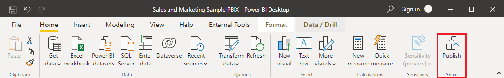 Screenshot of the Power BI Home ribbon, highlighting Publish.