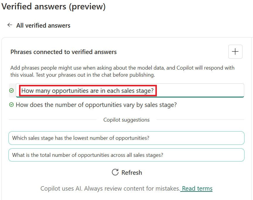 Screenshot of adding verified answers to connected phrases.