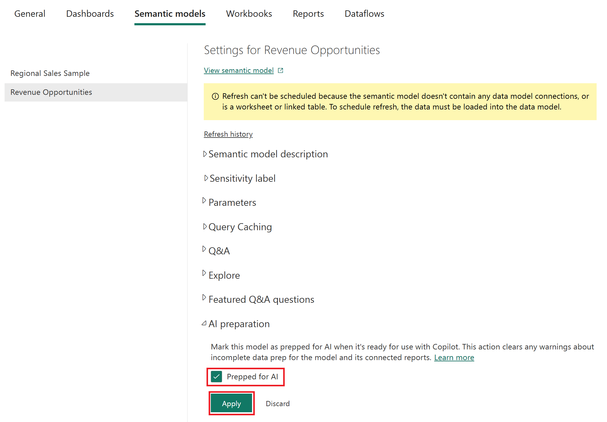 Screenshot of the AI preparation semantic model setting.