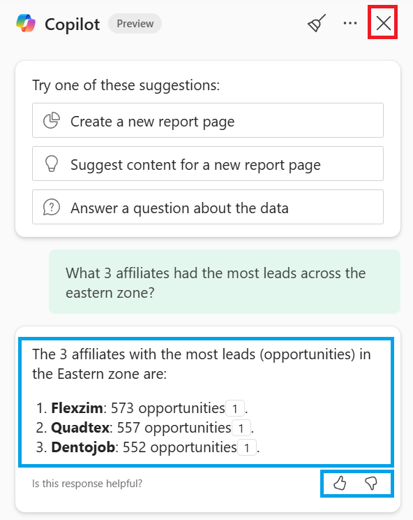 Screenshot of the Copilot pane returning a response for a question.
