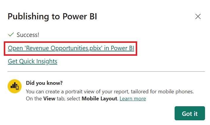 Screenshot of the Publishing to Power BI success window.