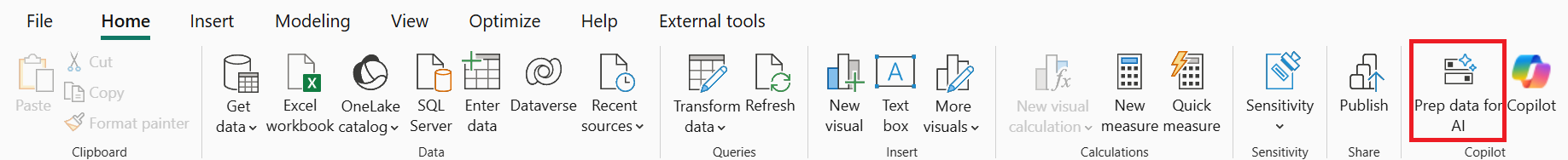 Screenshot of Home tab of the ribbon accessing Prep data for AI experience.