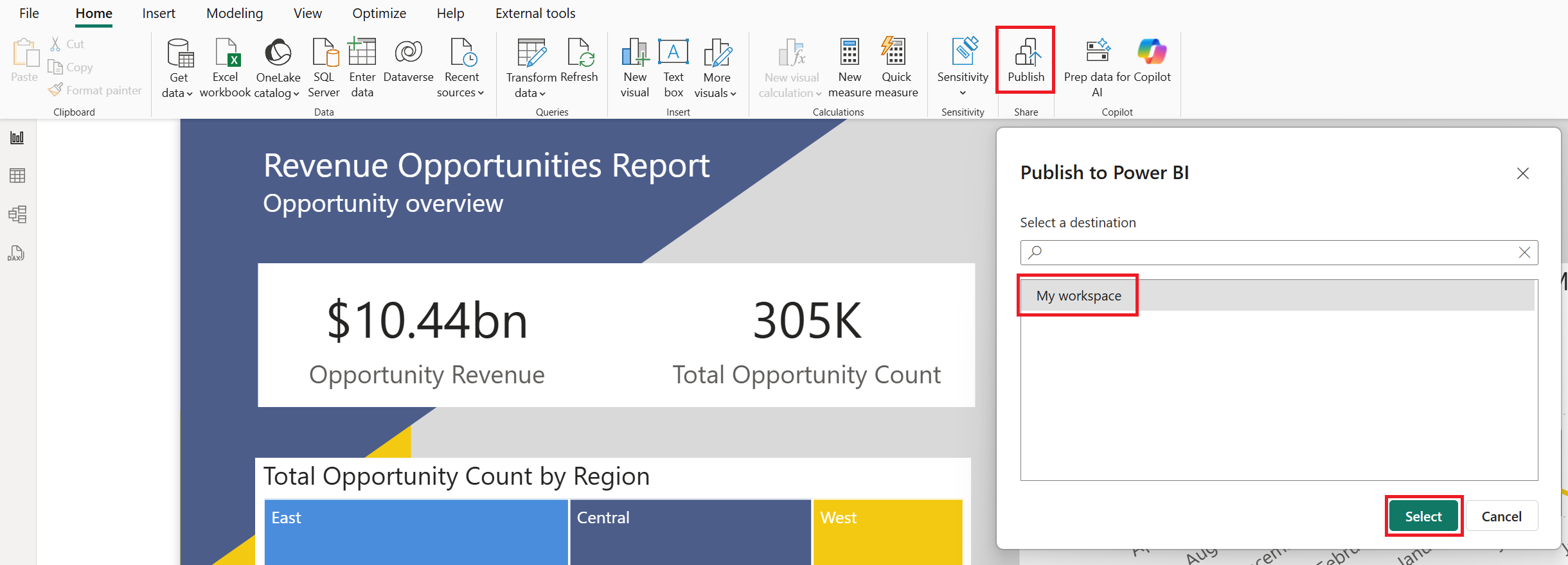 Screenshot of the Publish button and destination selection window.