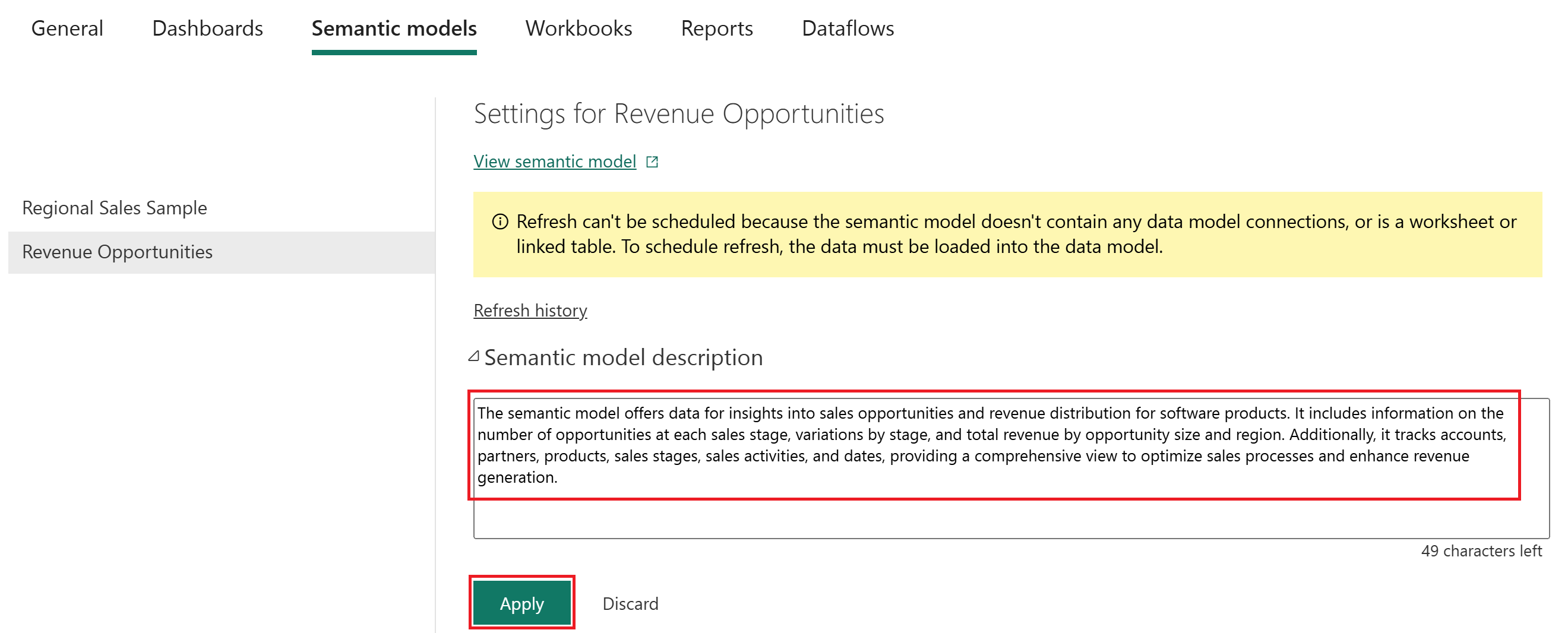 Screenshot of the semantic model description option.