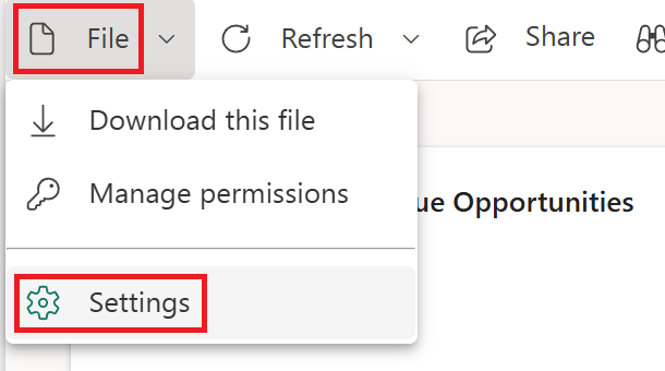 Screenshot of the semantic model properties and the settings option.