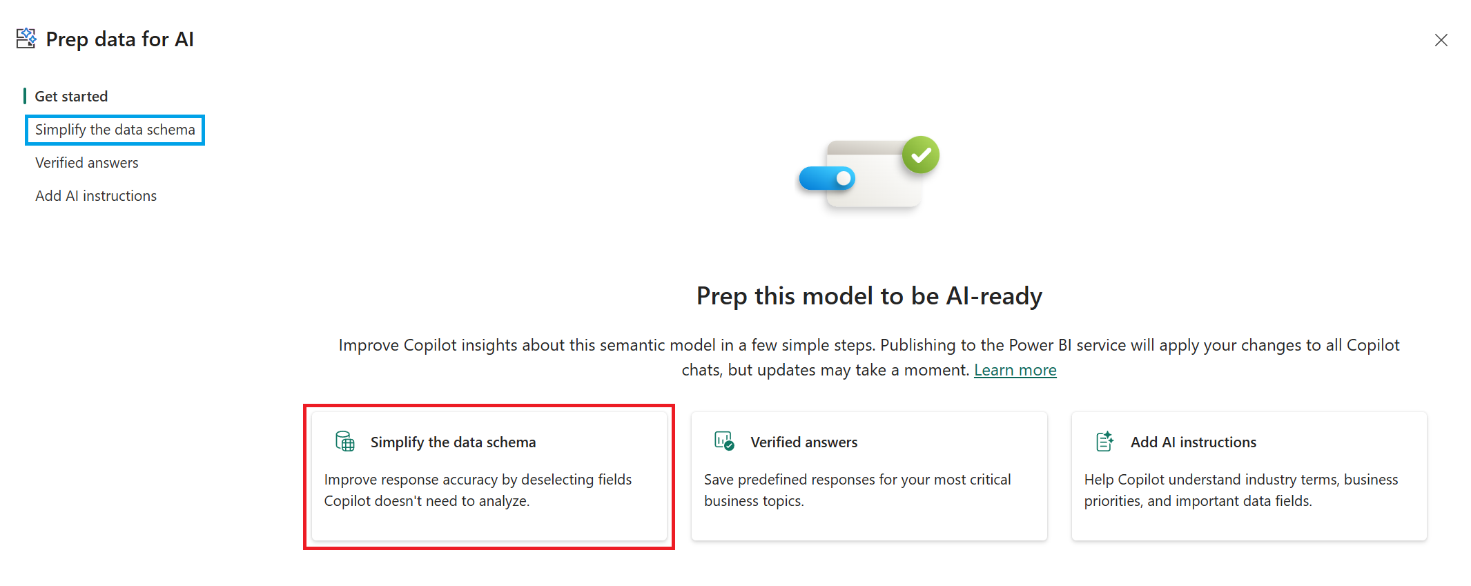 Screenshot of Prep data for AI get started screen and the simplify the data schema card option.