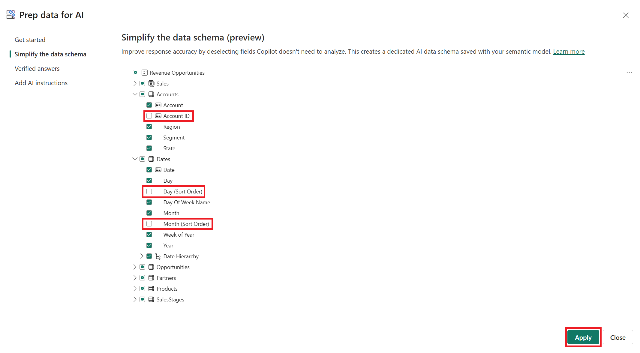 Screenshot of the Simplify the data schema dialog showing field selection options for Accounts and Dates tables.