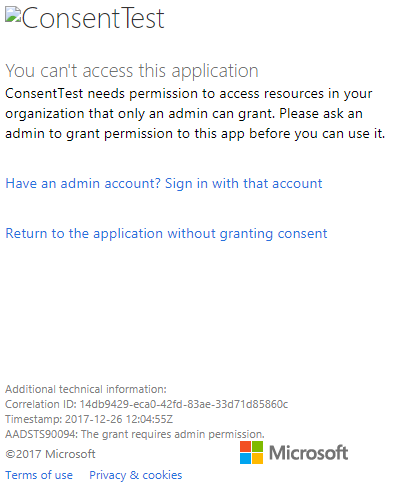 Screenshot of the Azure portal window sign in dialog, which shows the Consent Test permission error.