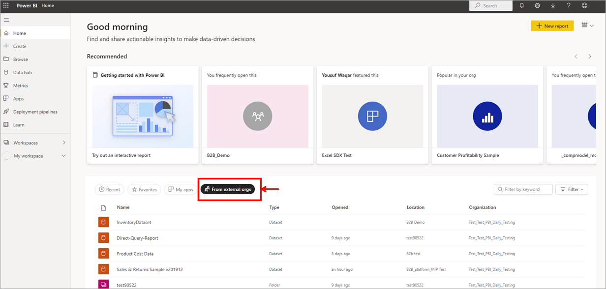 Screenshot of the Azure portal with the from external orgs tab called out.