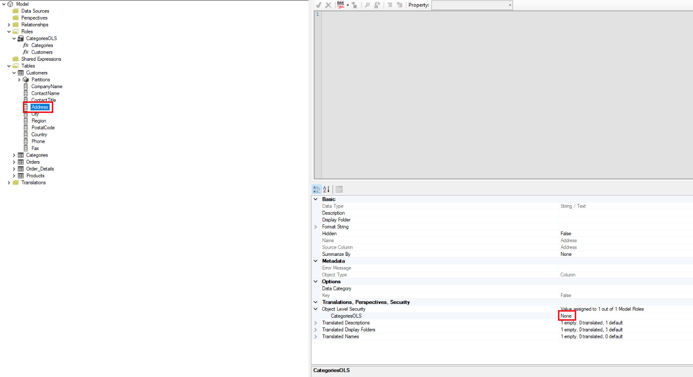 Screenshot of setting OLS rule to none for the address column.