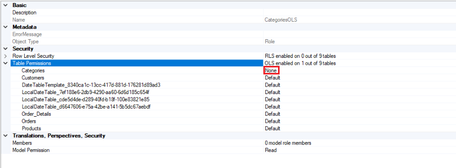 Screenshot of setting OLS rule to none for the entire table.