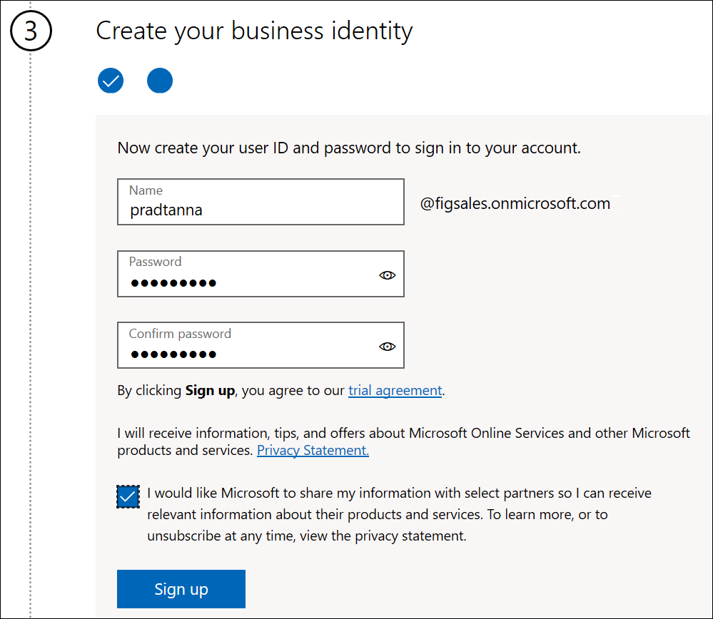 Screenshot shows Create your business identity options.