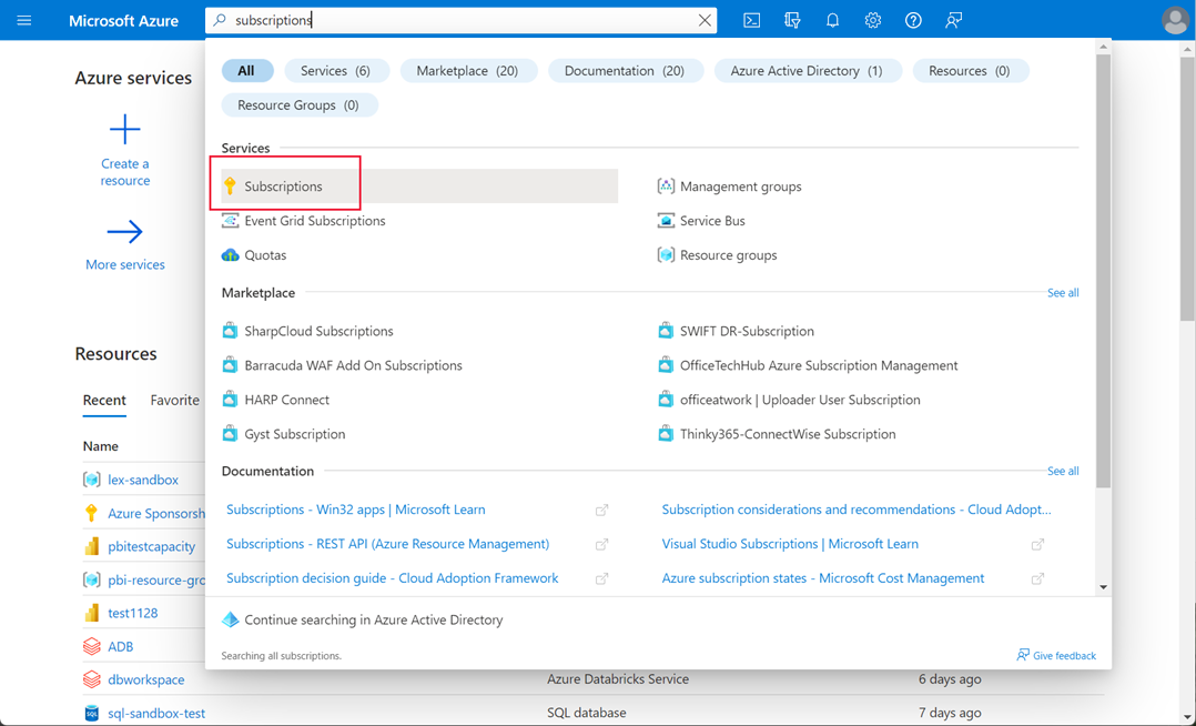 Screenshot of the Azure portal showing the word subscriptions in the search box.