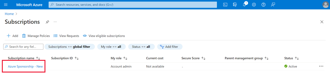 Screenshot of the Azure portal showing a subscription name highlighted.