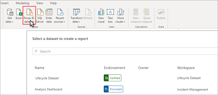 Screenshot of the Power BI Desktop, Power BI datasets is highlighted in the ribbon. The select dataset dialog is in the main pane. 