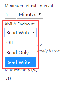 Screenshot showing the XMLA endpoint settings. Read write is selected.