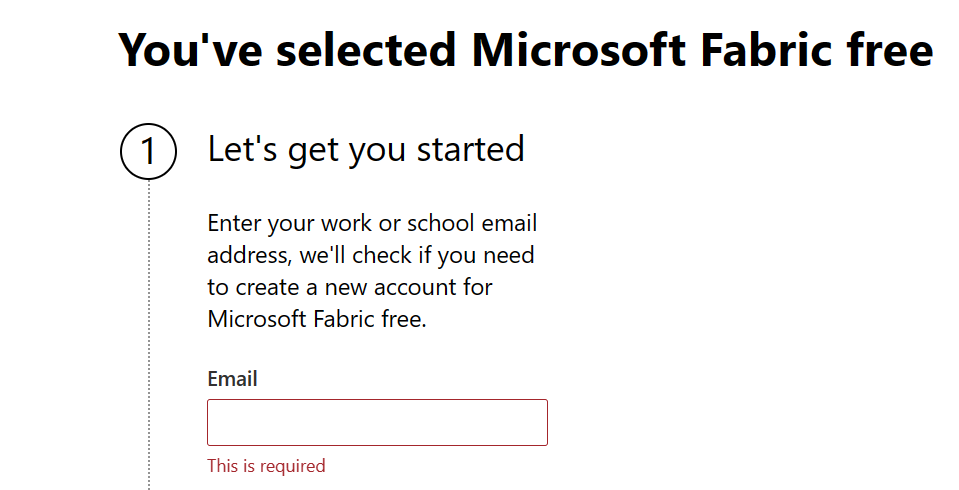 Screenshot of Power BI service showing a prompt to enter new email address.