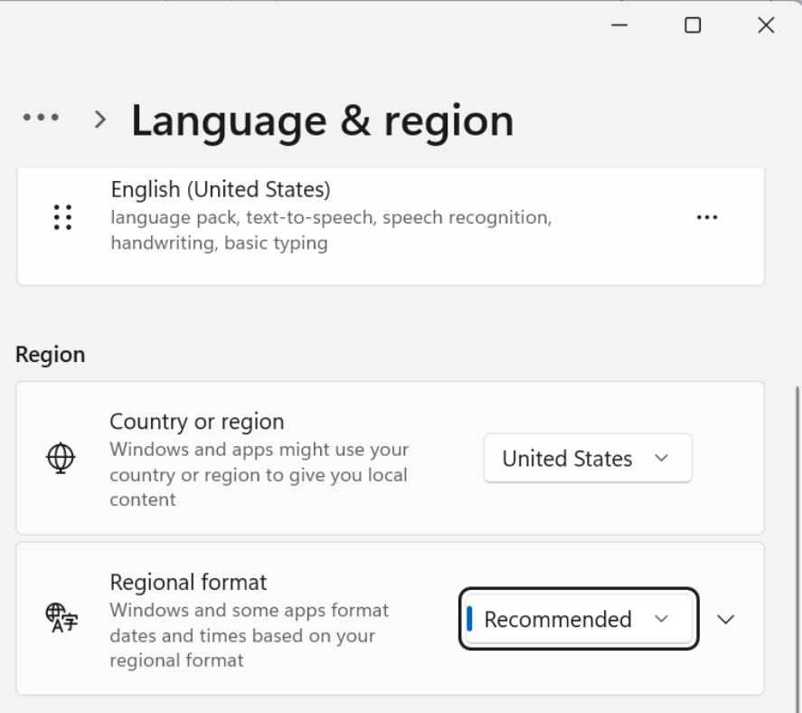 Screenshot showing additional date, time, and regional settings.