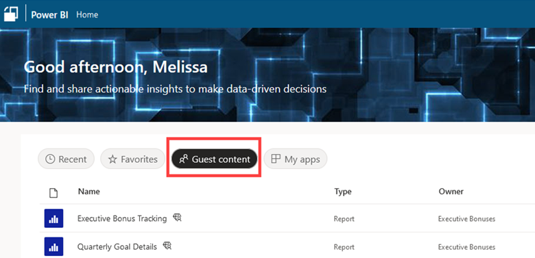 Screenshot of the Power BI service with the Guest content option highlighted.