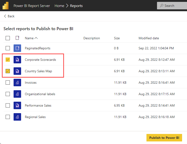 Screenshot showing selecting reports to publish.