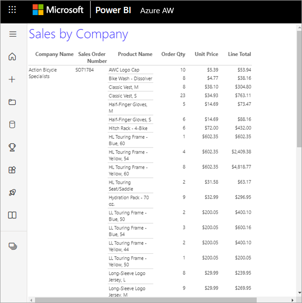 Screenshot showing Paginated report in the Power BI service.