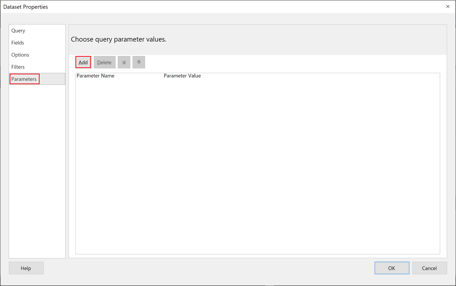 Screenshot shows Power BI Report Builder parameters.