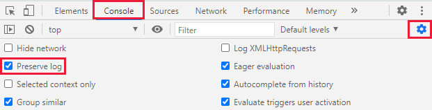 Developer tools with console tab and preserve log selected.