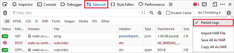 Inspector tools with network tab and persist logs selected.