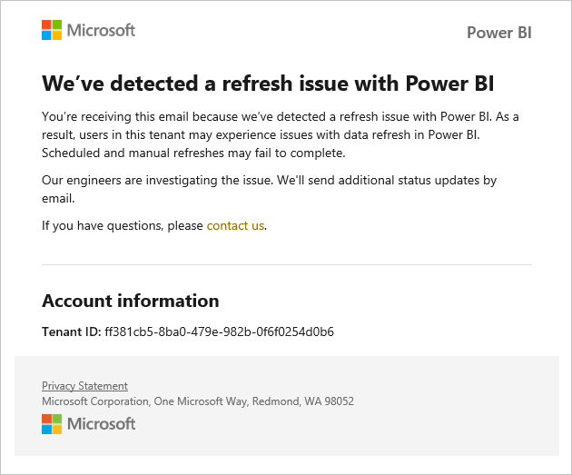 Screenshot of an email notifying the recipient of a refresh issue with Power BI.
