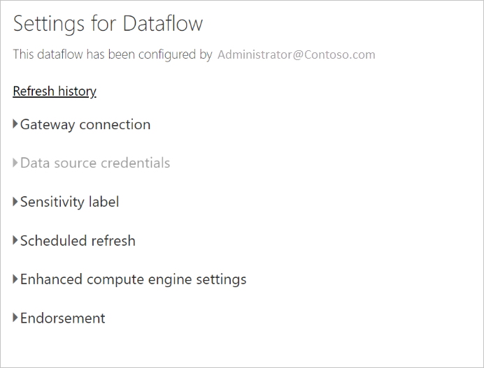 Screenshot of the Settings page for a dataflow after selecting Settings in the dataflow dropdown.