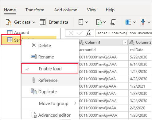 Screenshot of the context menu on a selected table with enable load highlighted.