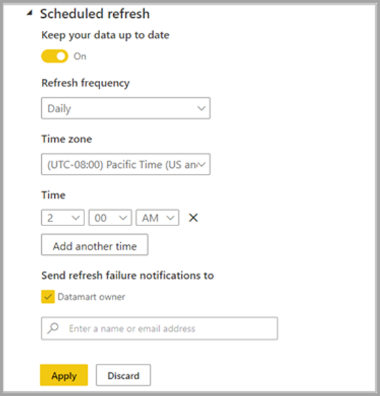 Screenshot of the datamart scheduled refresh menu.