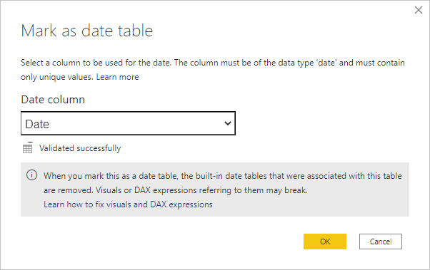 Screenshot of Power BI Desktop showing the Mark as date table dialog box with an important note.