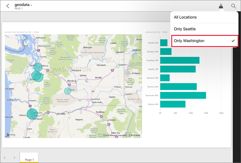 Screenshot of a report in the Power BI app highlighting the geographic filter.