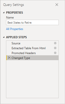 Screenshot of Power BI Desktop showing Query Settings in the right pane.