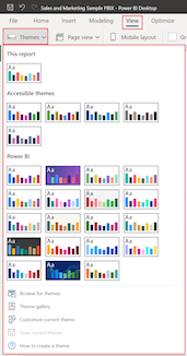 Screenshot that shows how to select the Themes drop-down menu in Power BI Desktop.