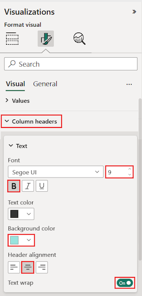 Screenshot that shows table column header options in the Format section of the Visualizations pane.