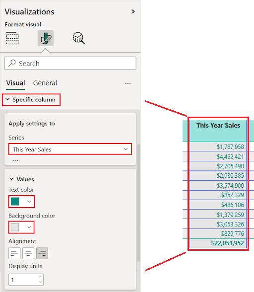 Screenshot that shows how to select a specific column to update the formatting options.