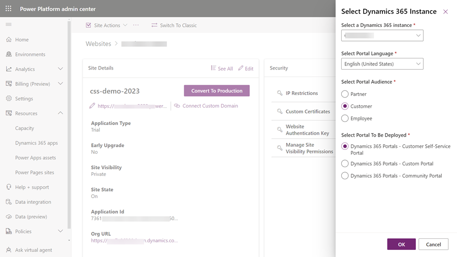 Select your Dynamics 365 instance