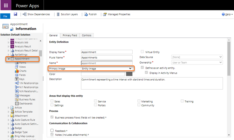 Entity Image is added to the Primary Image field for the Appointment entity Entity Image is added to the Primary Image field for the Appointment entity.