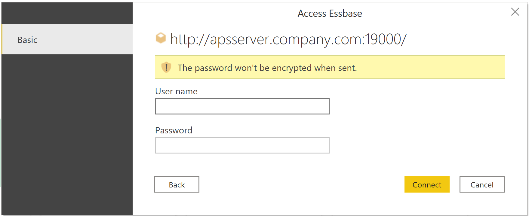Screenshot of the authentication dialog for the Essbase connection.