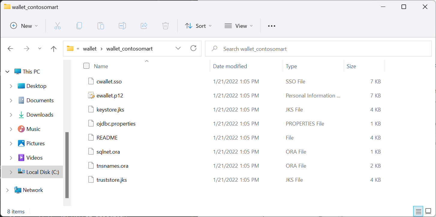 Screenshot with the wallet files unzipped in the wallet folder.