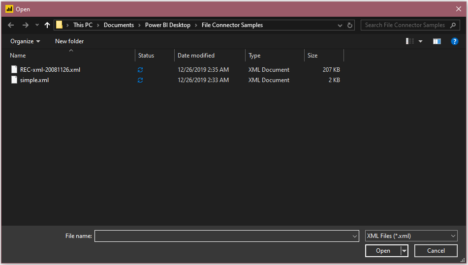 Screenshot of XML file selection.